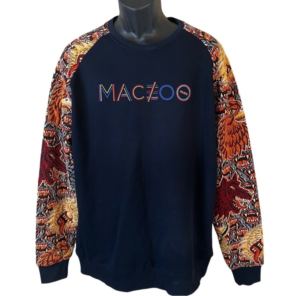 Maceoo Men's Graphic Luxe Raglan Sweater in blue with wolf-inspired sleeves